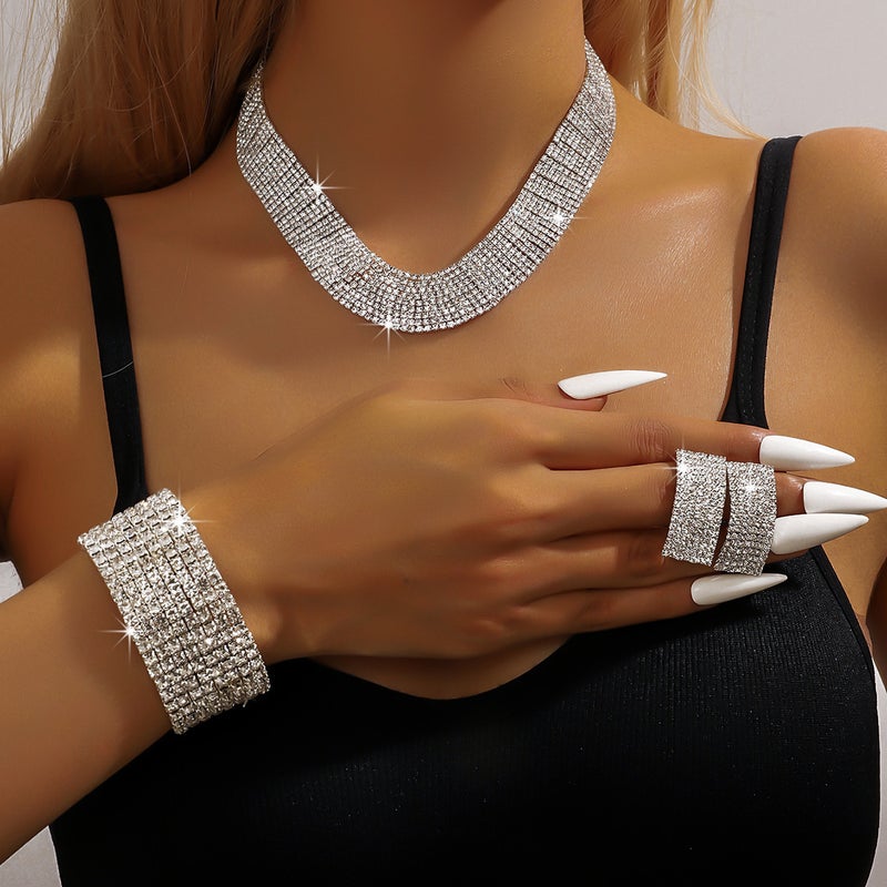 Source Fashion Claw Chain Ring Rhinestone Necklace Earrings Suit Dinner Dress Clavicle Chain Necklace Women - Image 2